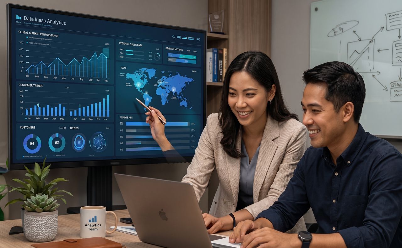 A team reading an analytics dashboard together