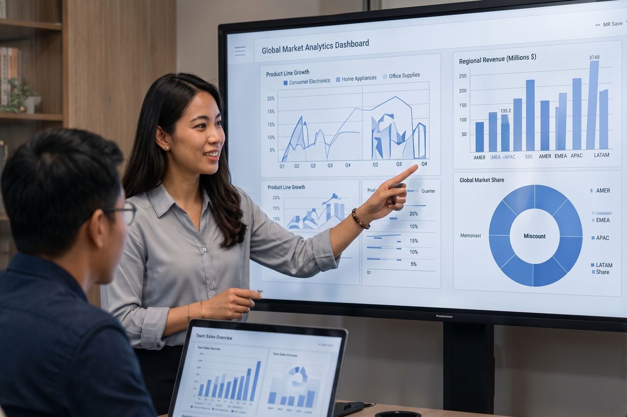 A marketer presenting campaign performance to the team