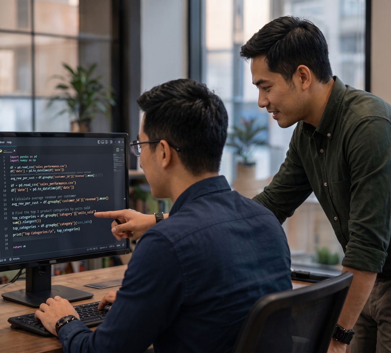 Two engineers reviewing code on screen together