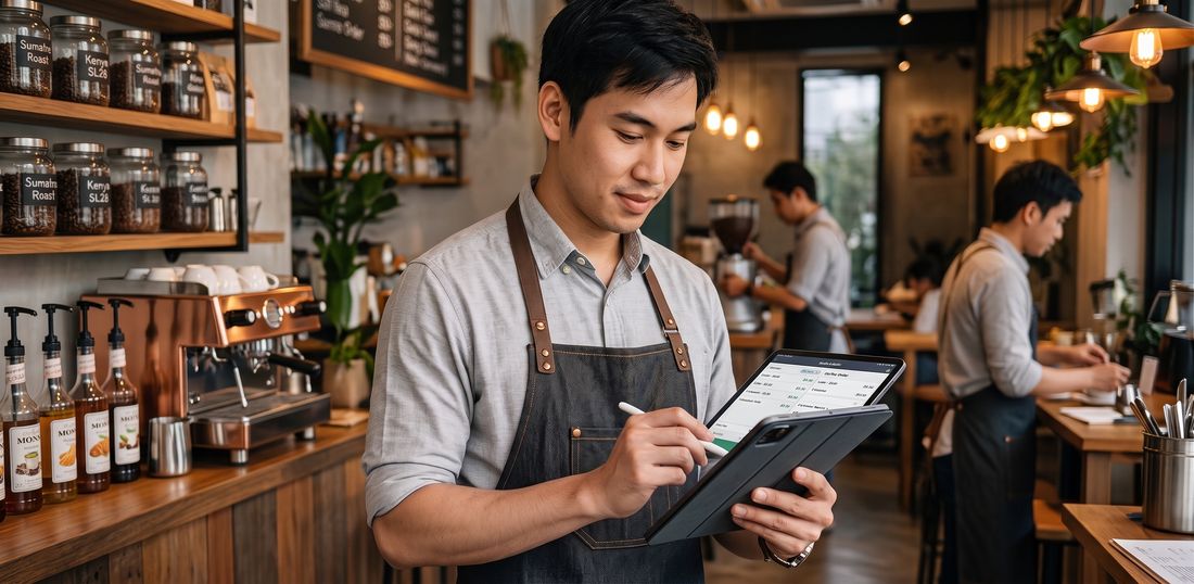 A cafe owner checking orders on a tablet during service