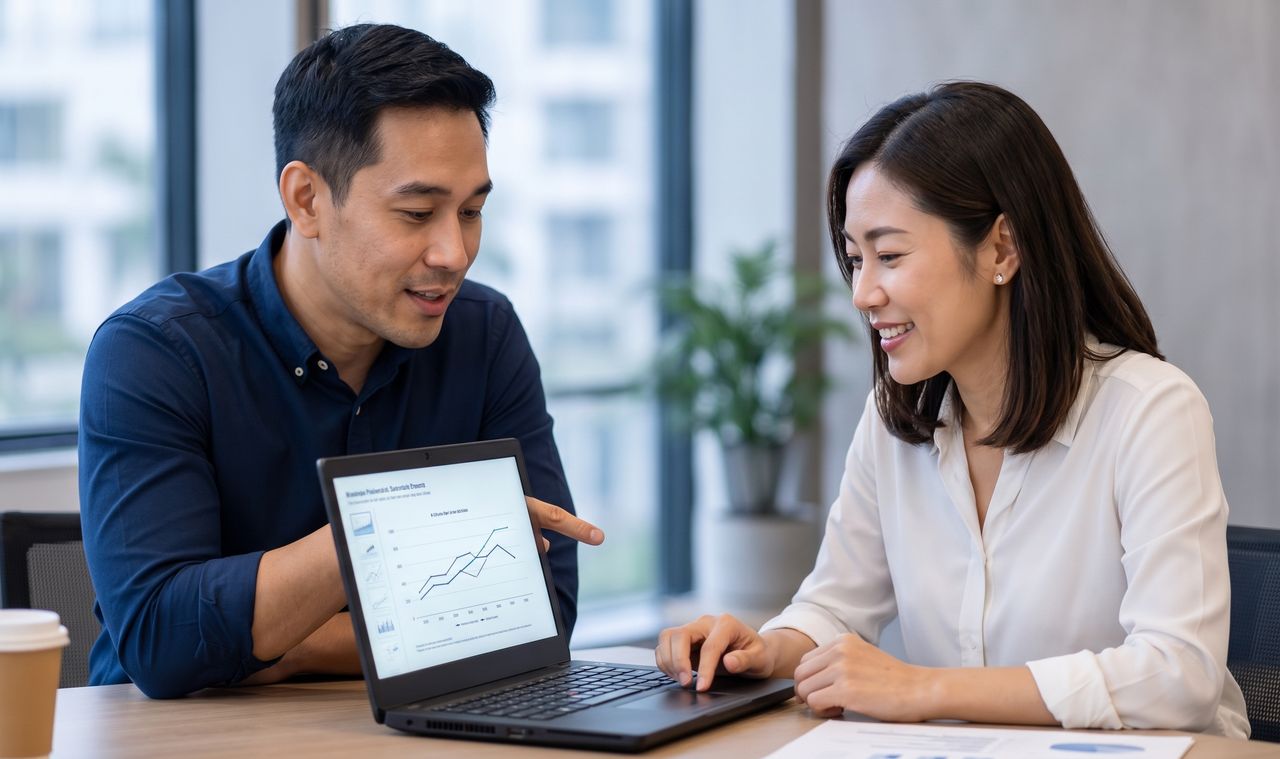 A consultant and a client working side by side on one laptop